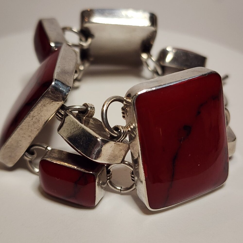Vintage Heavy Red Jasper 925 Silver Bracelet - Picture 10 of 11